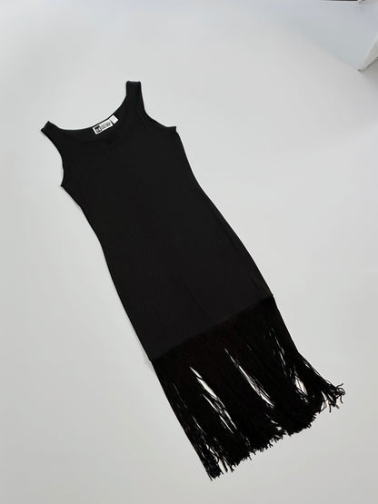 90s Black Fringe Hem Maxi Dress