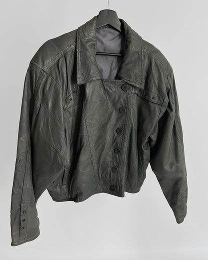 80s Grey Patchwork Leather Bomber Jacket