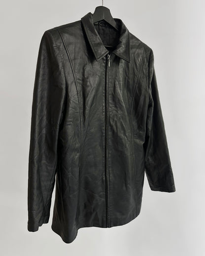 90s Black Sheepskin Zip-Up Leather Jacket