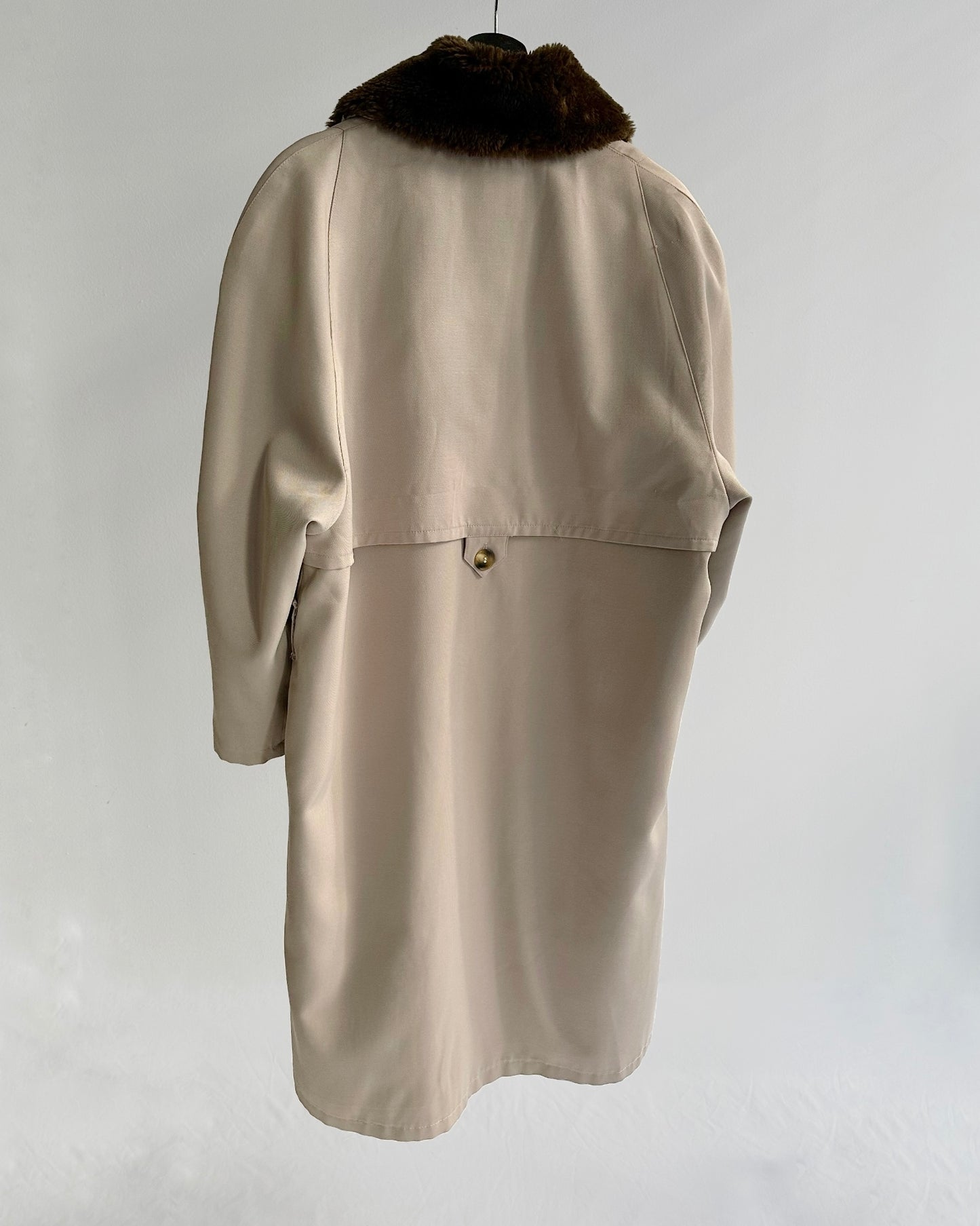90s Beige Trench Coat – Detachable Faux Fur Collar
