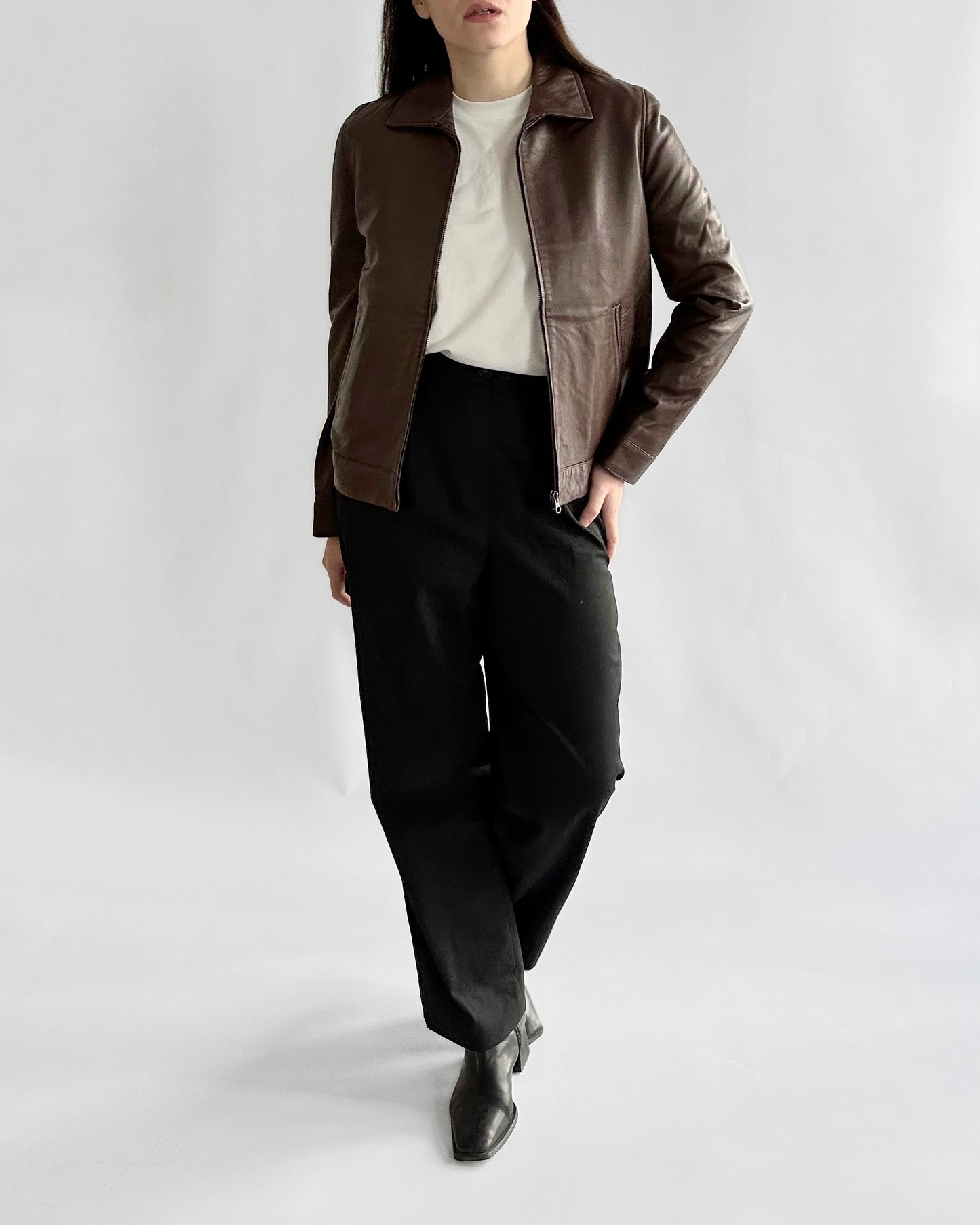 90s Chocolate Brown Leather Zip Jacket