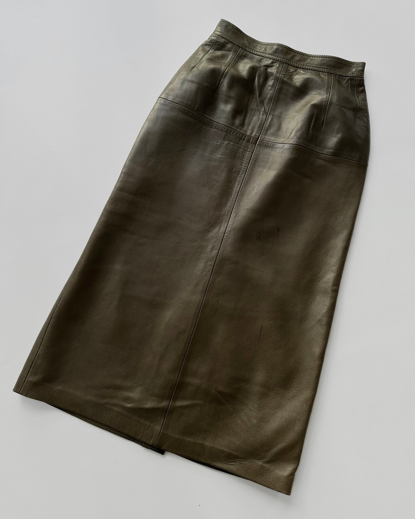 Vintage 1980s Loewe Olive Green Leather Midi Skirt