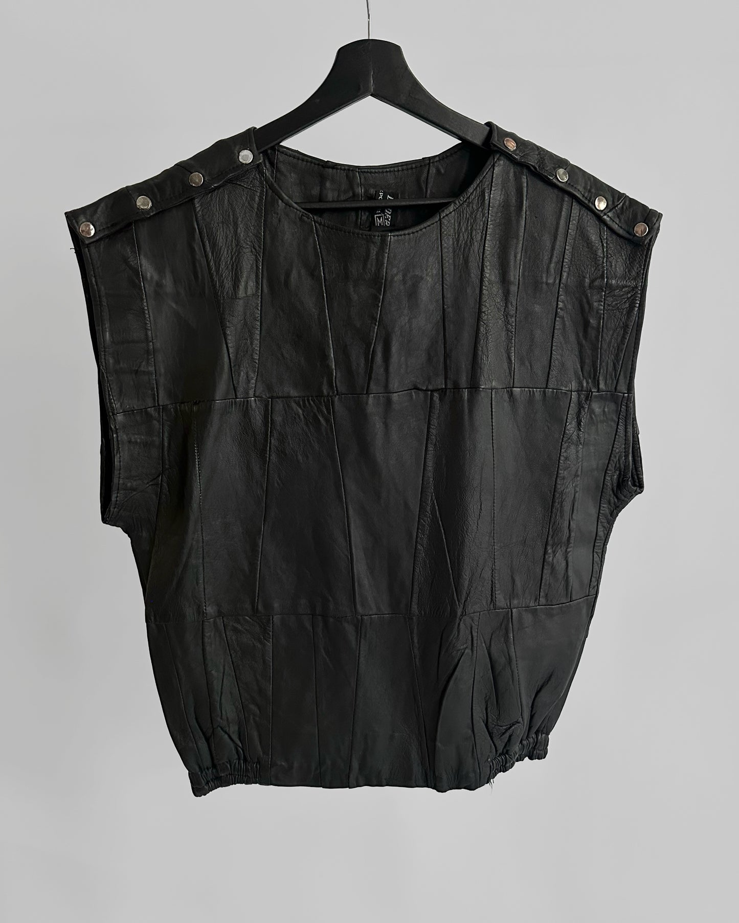 80s Black Patchwork Leather Waistcoat