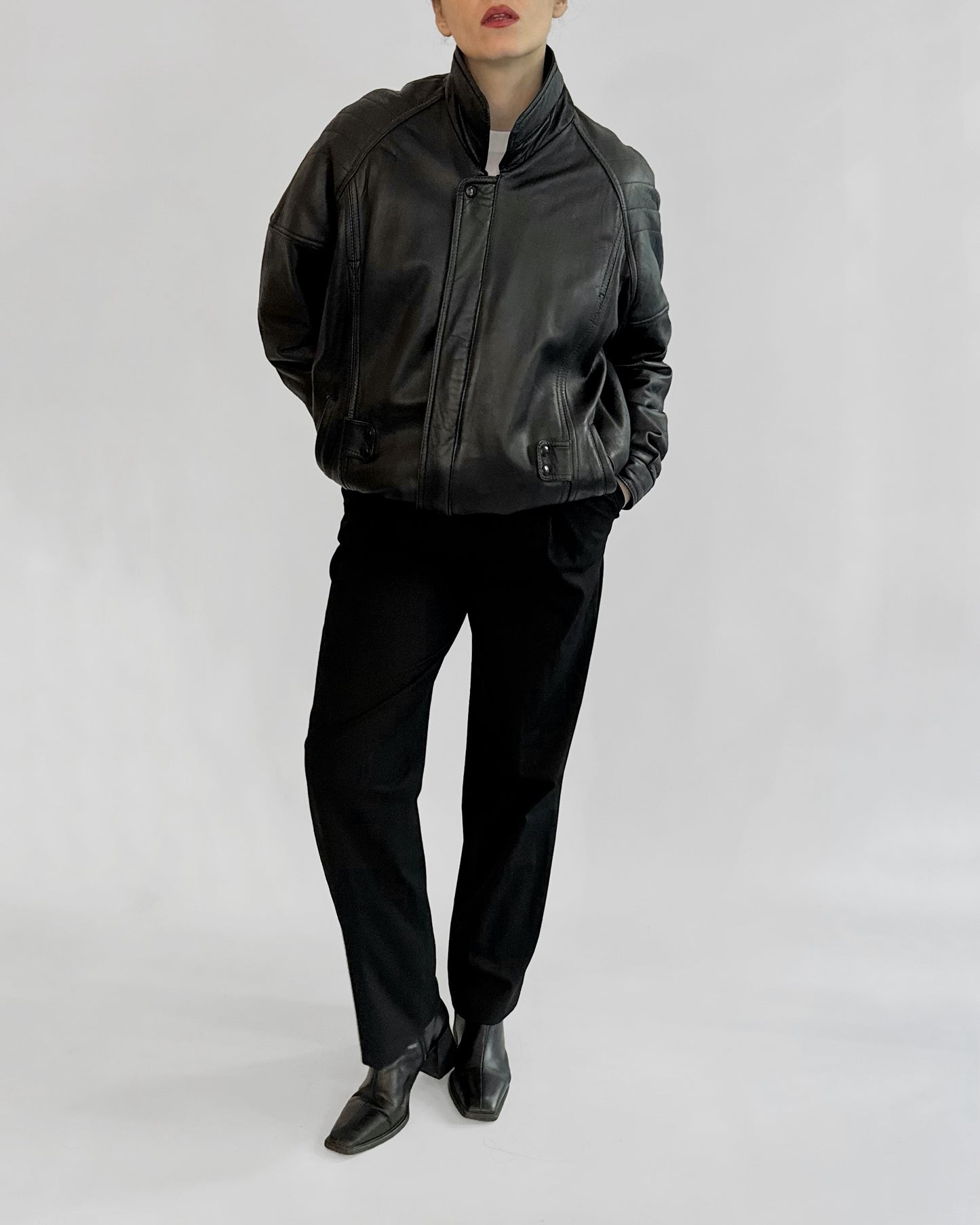 80s Black Leather Bomber Jacket