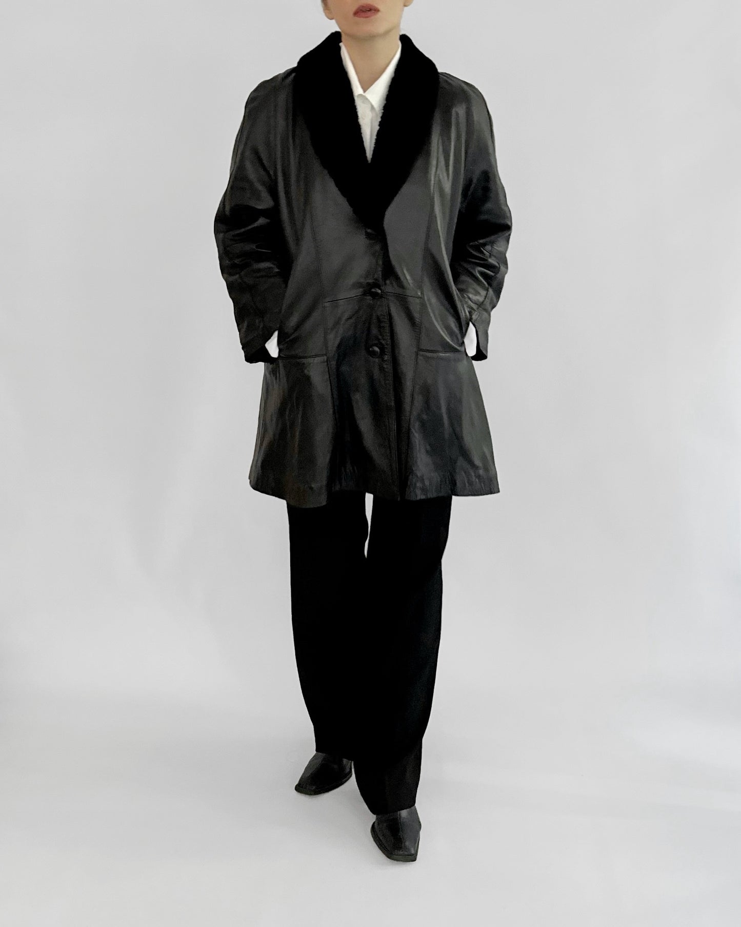 80s Black Leather Coat with Faux Fur Shawl Collar