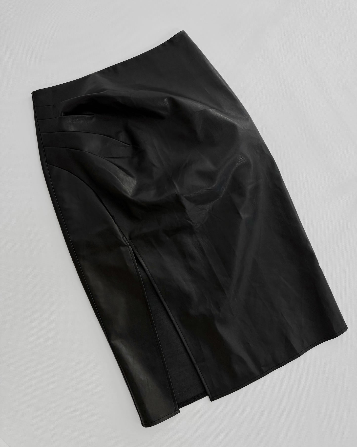90s Black Faux Leather Midi Skirt