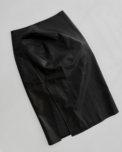 90s Black Faux Leather Midi Skirt