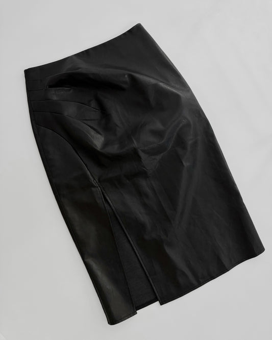 90s Black Faux Leather Midi Skirt