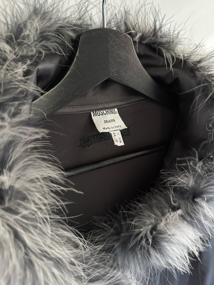 90s Moschino Feather Collar Grey Satin Shirt