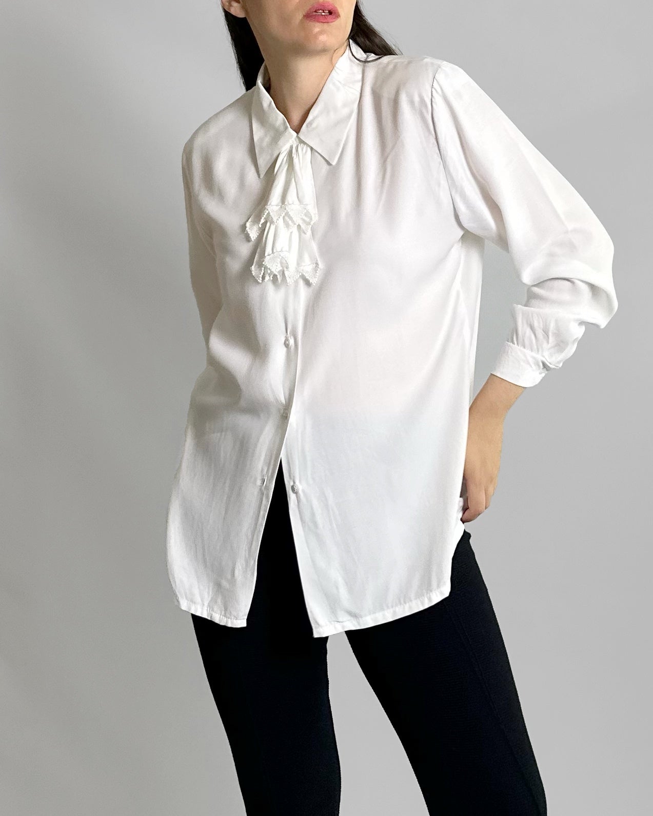 80s White Viscose Tie-Neck Blouse
