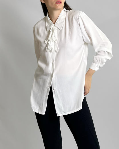 80s White Viscose Tie-Neck Blouse