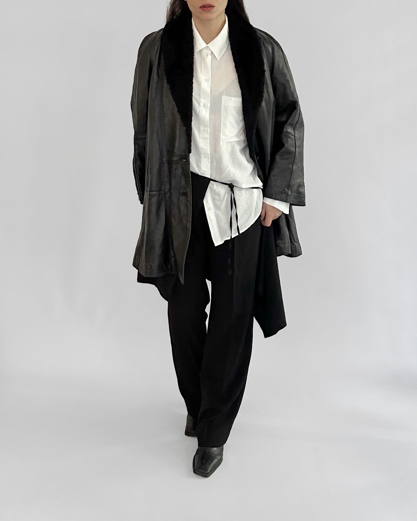 80s Black Leather Coat with Faux Fur Shawl Collar