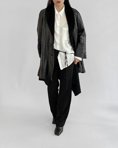 80s Black Leather Coat with Faux Fur Shawl Collar