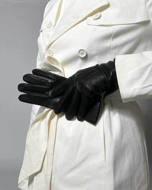 90s Black Leather Gloves - Size 8, NOS