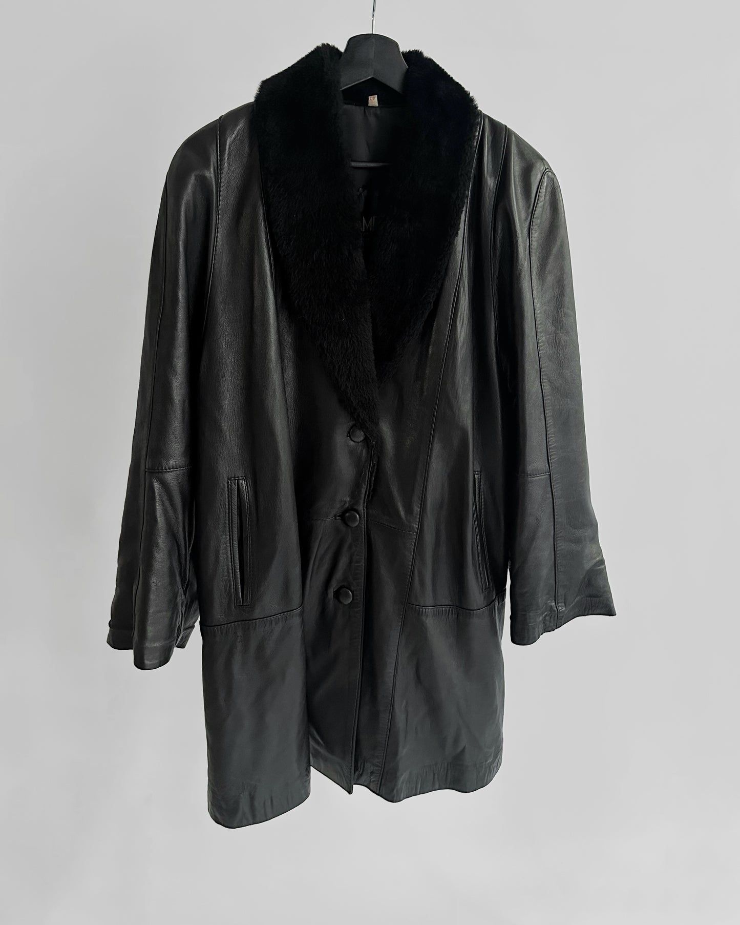 80s Black Leather Coat with Faux Fur Shawl Collar