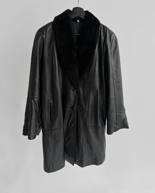 80s Black Leather Coat with Faux Fur Shawl Collar