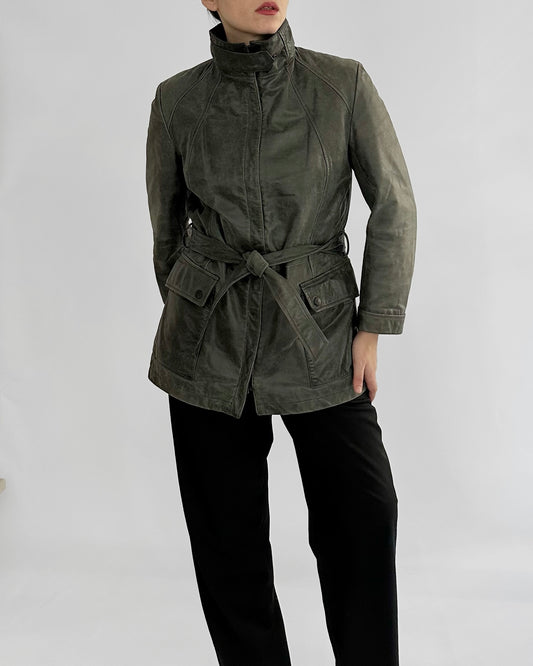 2000s Trussardi Grey-Green Distressed Leather Jacket – Limited Edition