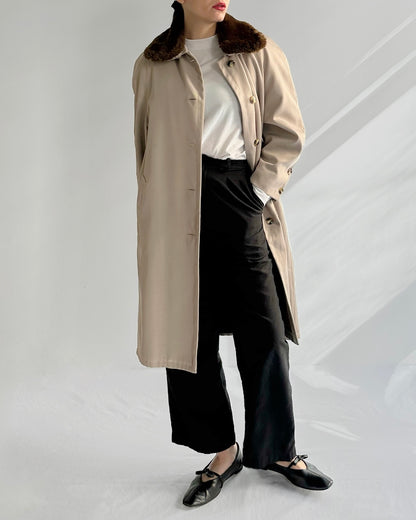 90s Beige Trench Coat – Detachable Faux Fur Collar