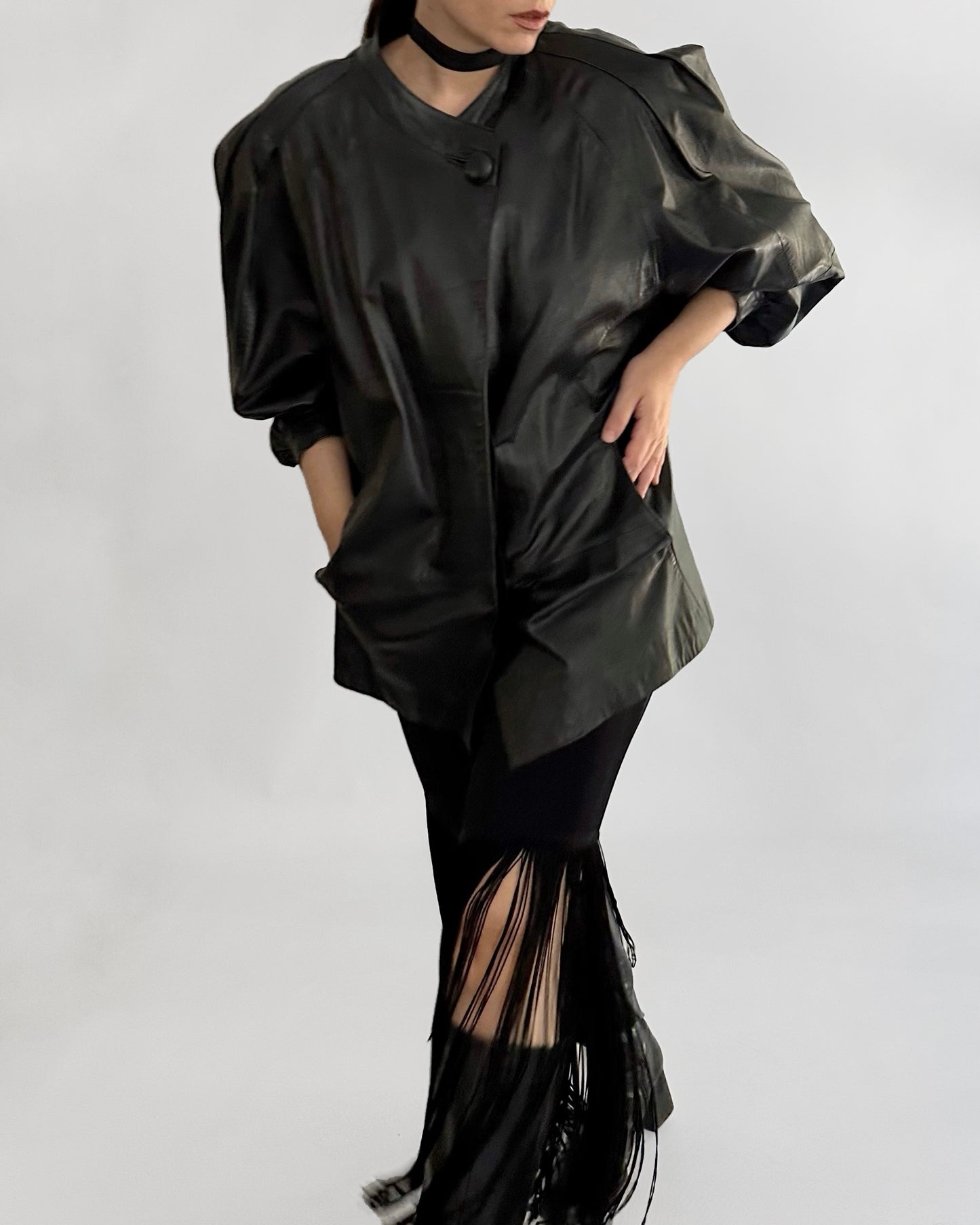 80s Black Puff Sleeve Sheep Leather Jacket