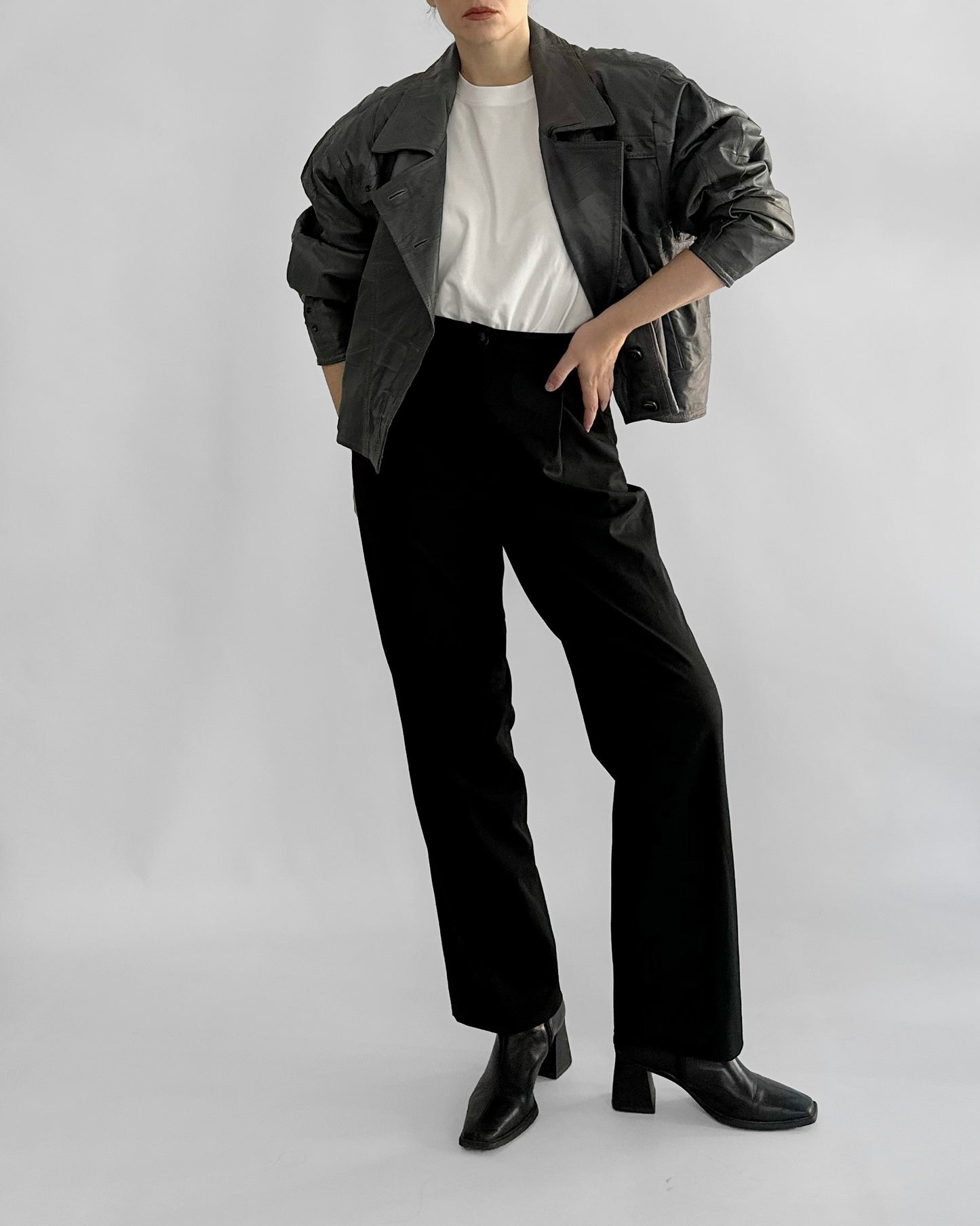 80s Grey Patchwork Leather Bomber Jacket