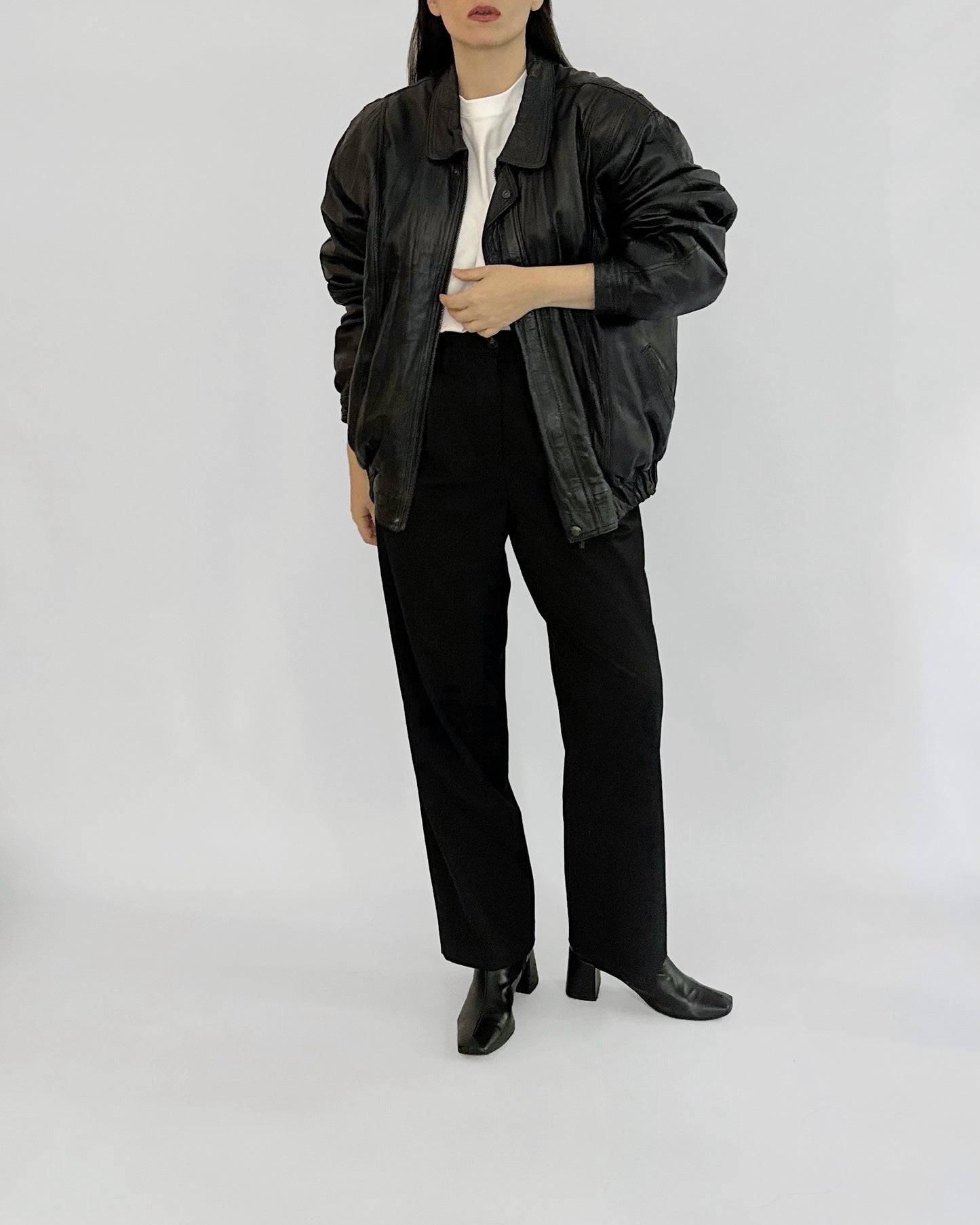 80s Black Leather Bomber Jacket