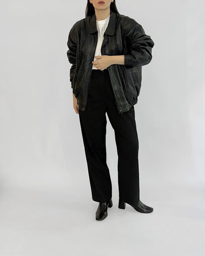 80s Black Leather Bomber Jacket