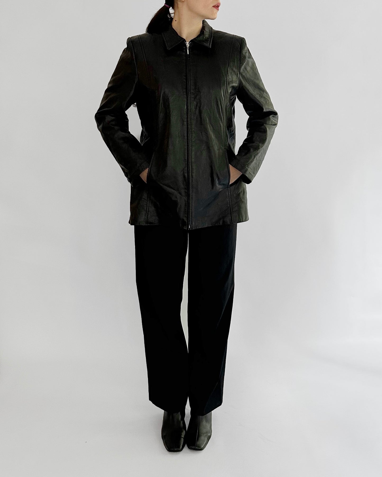 90s Black Sheepskin Zip-Up Leather Jacket