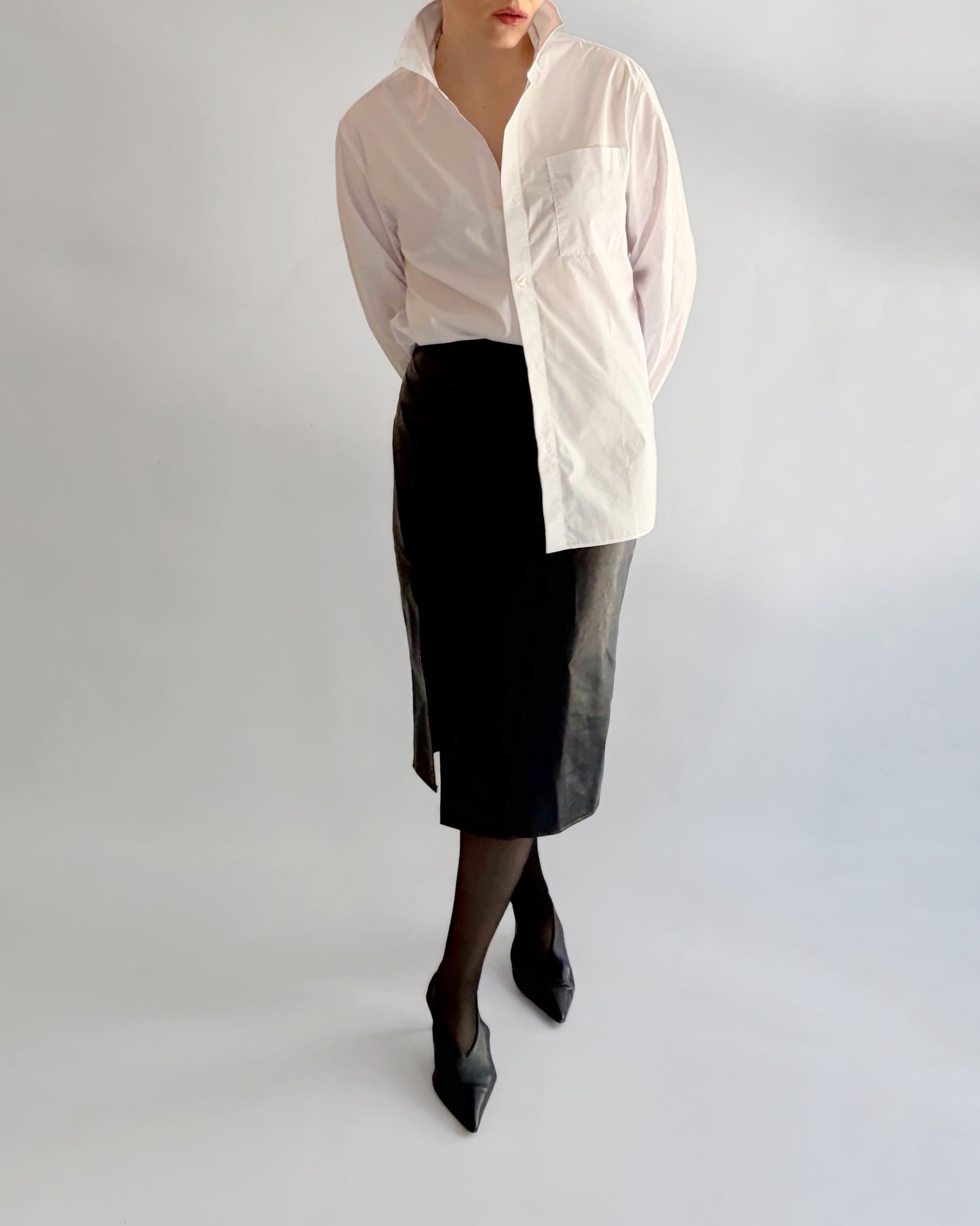 90s Black Faux Leather Midi Skirt