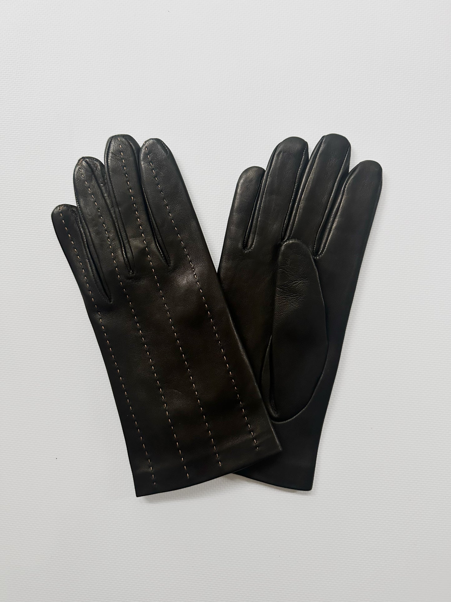 90s Black Beige Leather Gloves - Size 7 1/2, NOS