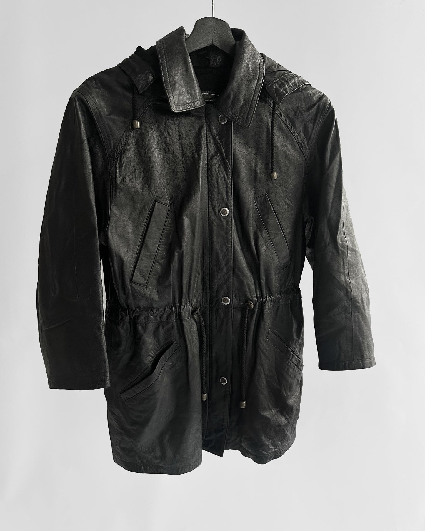 1990s Italian Black Leather Hooded Jacket