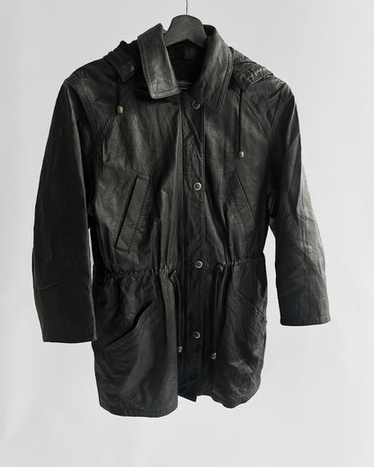 1990s Italian Black Leather Hooded Jacket