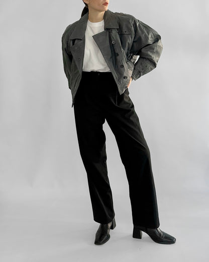 80s Grey Patchwork Leather Bomber Jacket