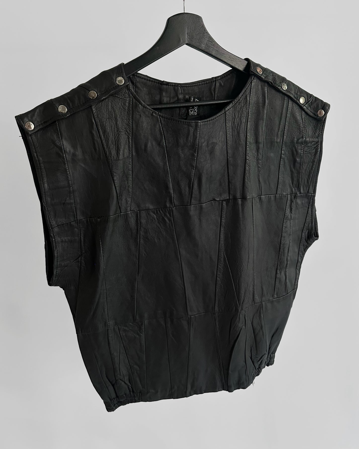 80s Black Patchwork Leather Waistcoat