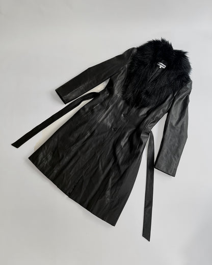 2000s Black Faux Leather Coat with Detachable Faux Fur Collar