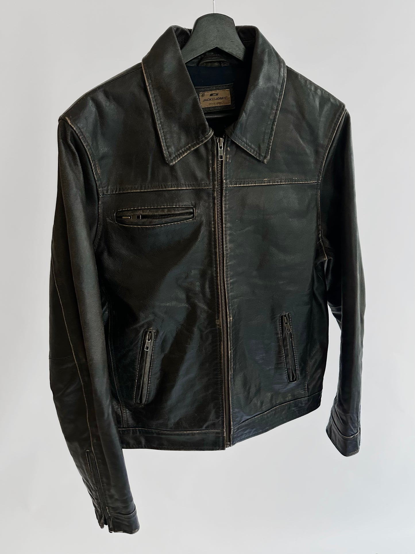 2000s Jack & Jones Black Distressed Leather Jacket
