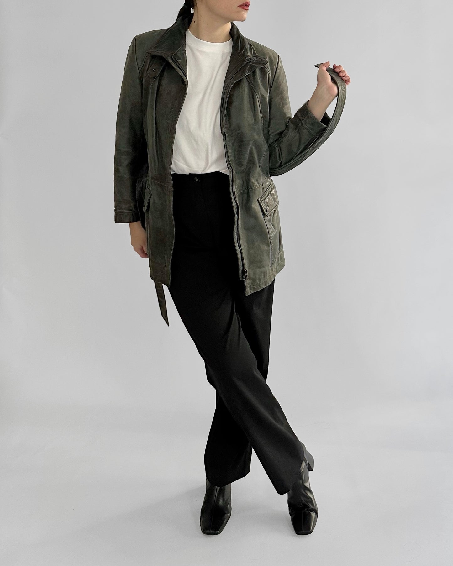 2000s Trussardi Grey-Green Distressed Leather Jacket – Limited Edition