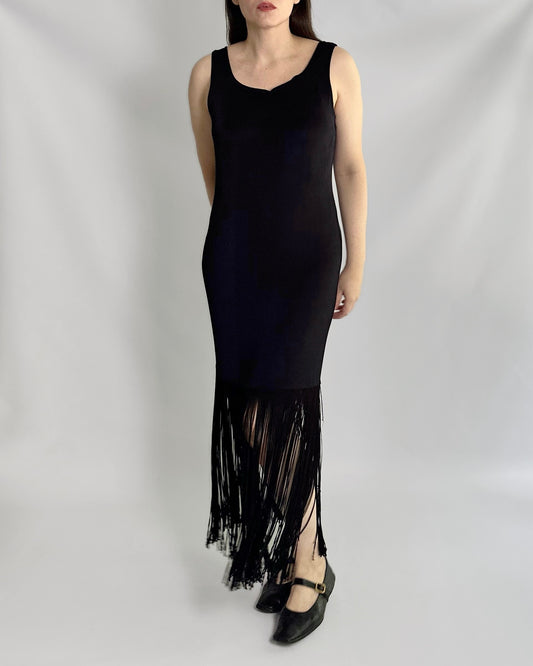 90s Black Fringe Hem Maxi Dress