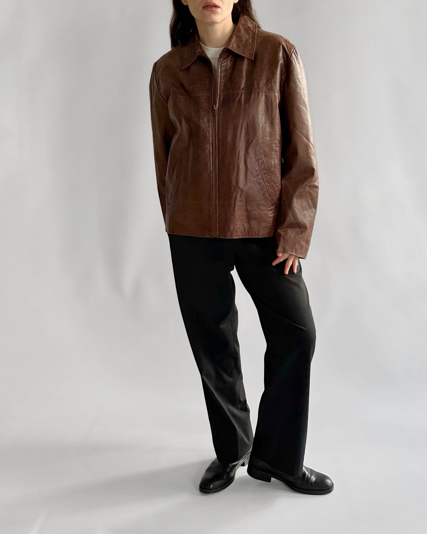 90s Brown Zip-Up Leather Jacket