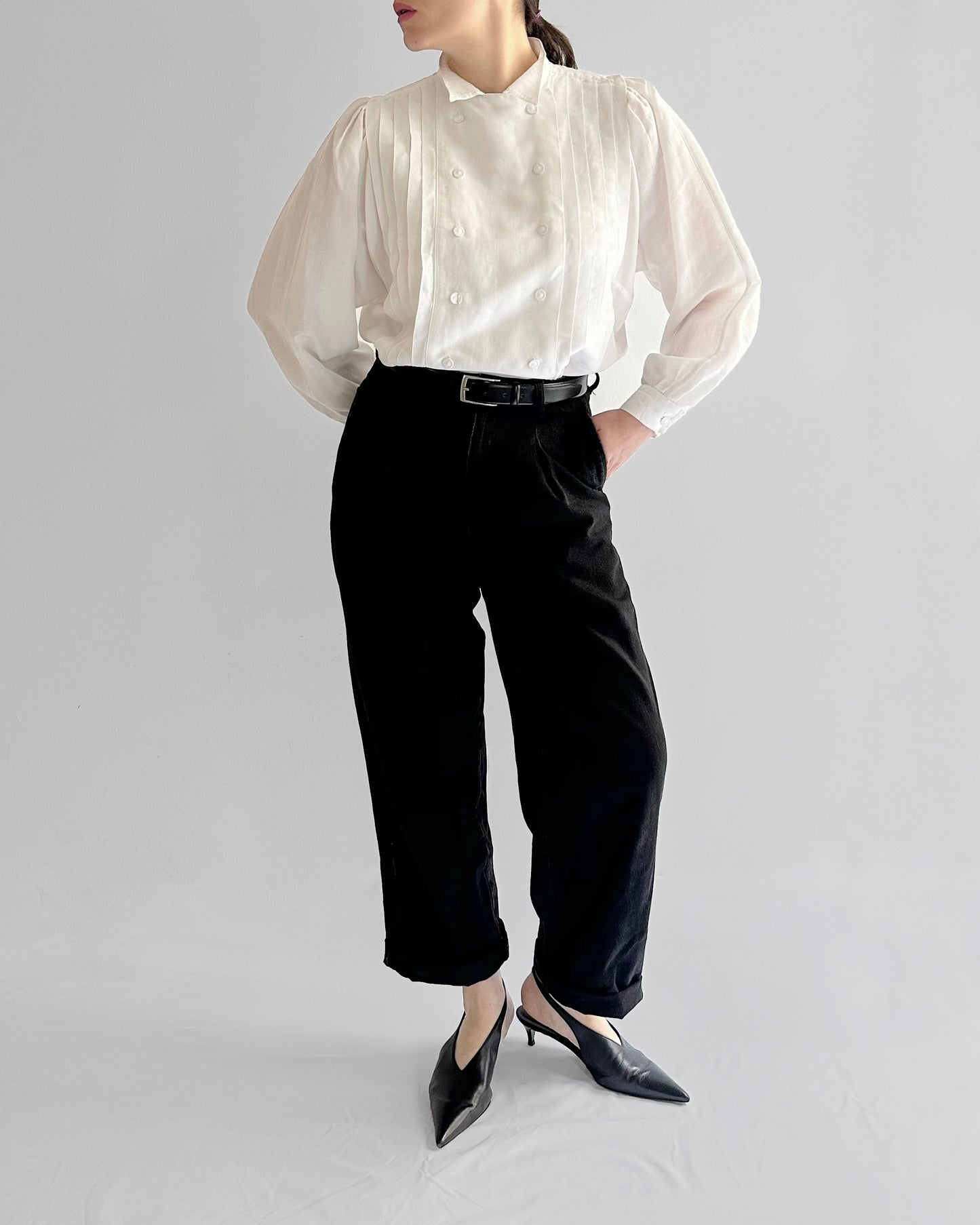 80s White Cotton Linen Pleated Blouse