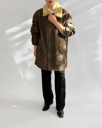 80s Brown Leather Jacket w/ Faux Shearling Collar