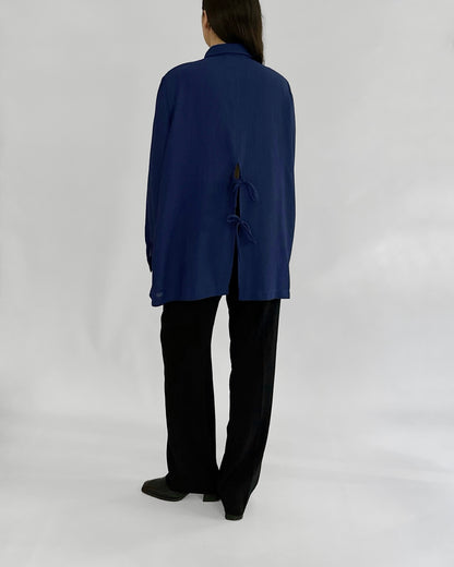 80s Royal Blue Button-Up Shirt with Back Tie