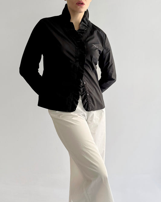 90s Armani Black Cotton Ruffle Blouse