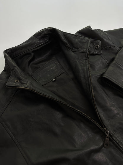 90s Black Leather Jacket – Minimalist Boxy Fit Moto Style