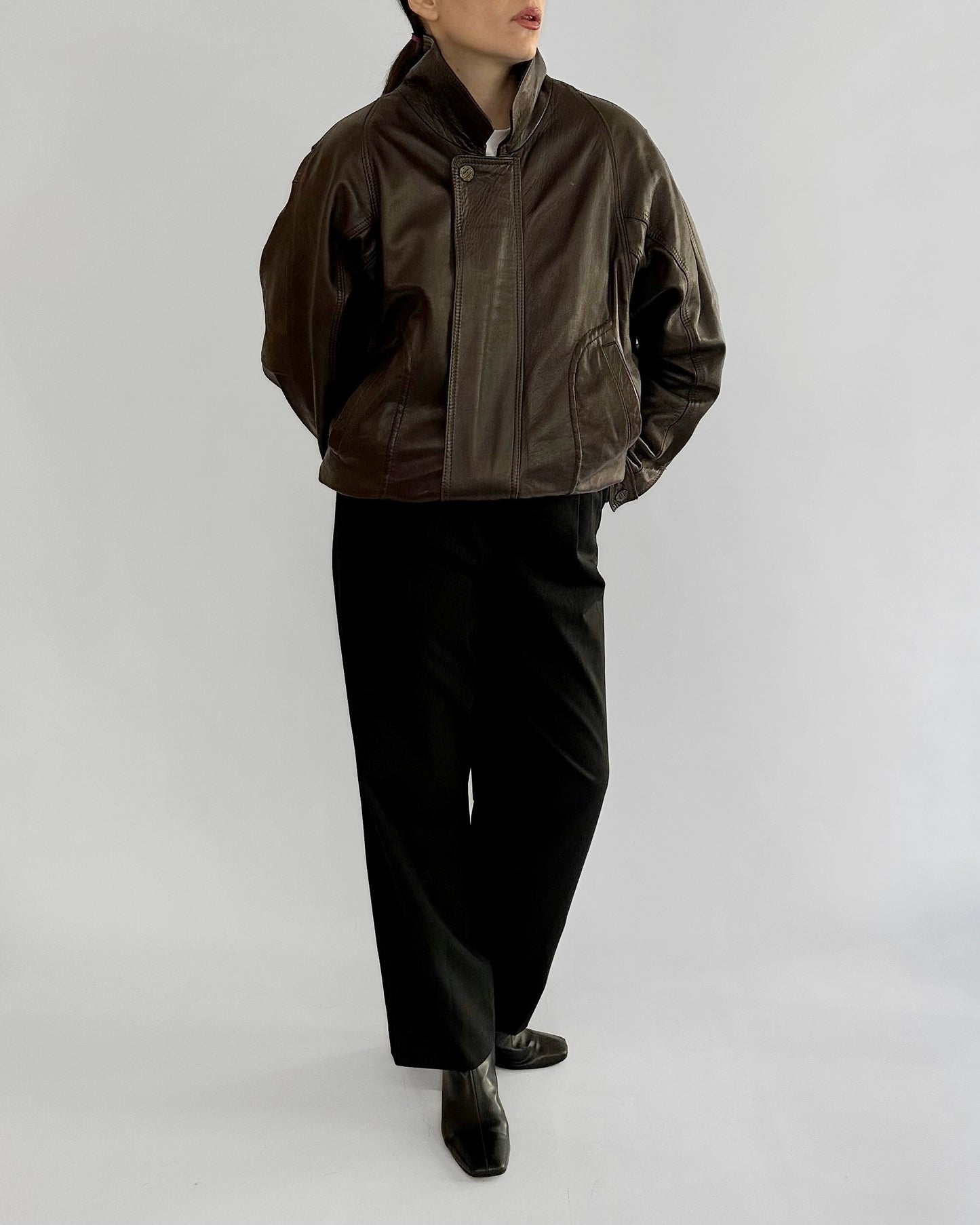 80s Brown Leather Bomber Jacket