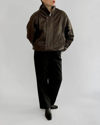 80s Brown Leather Bomber Jacket