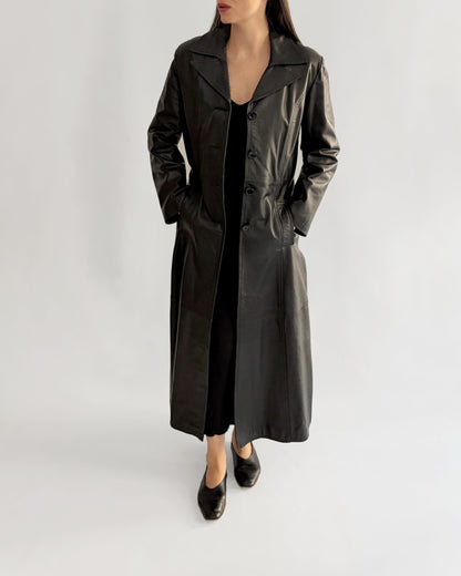 Vintage 1990s Black Italian Goatskin Leather Maxi Coat
