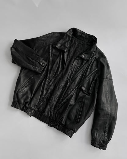 80s Black Leather Bomber Jacket