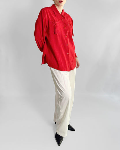 70s Textured Red Oversized Shirt