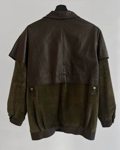 80s Brown Green Sheepskin Suede Leather Jacket