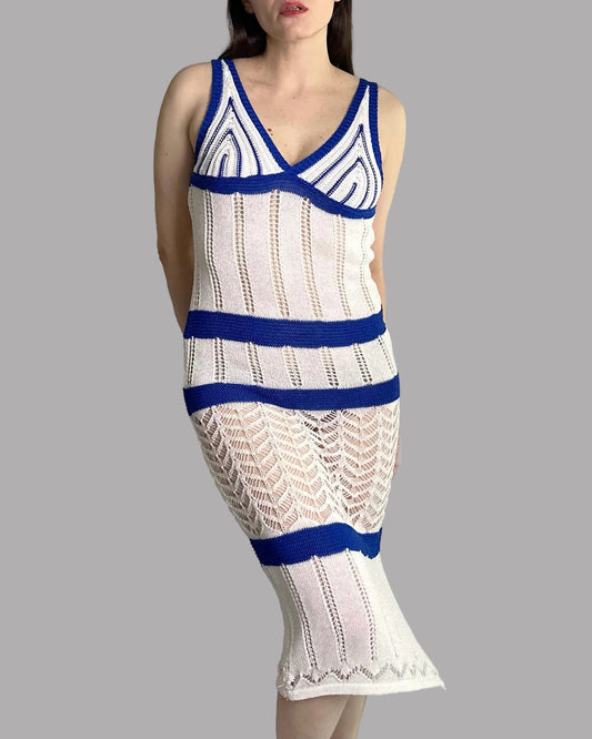 Vintage White and Blue Knit Summer Dress